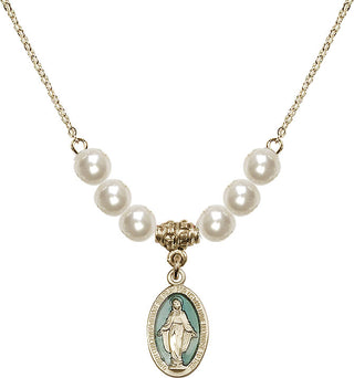 18" Hamilton Gold Plated Necklace with 6mm Faux-Pearl Beads featuring a 14kt Gold Filled Miraculous Medal.