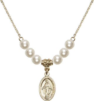 18" Hamilton Gold Plated Necklace with 6mm Faux-Pearl Beads featuring a 14kt Gold Filled Miraculous Medal.
