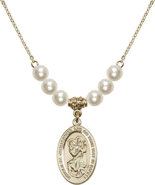 18" Hamilton Gold Plated Necklace with 6mm Faux-Pearl Beads featuring a 14kt Gold Filled Saint Christopher Medal. Engraved Catholic Saint Jewelry