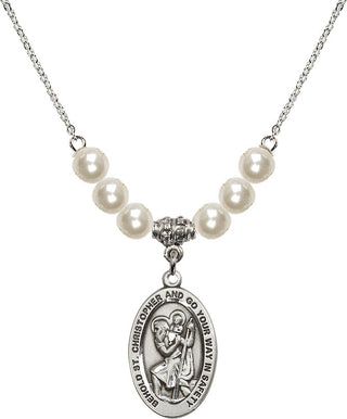 18" Rhodium Plated Necklace with 6mm Faux-Pearl Beads featuring a Sterling Silver Saint Christopher Medal. Engraved Catholic Saint Jewelry