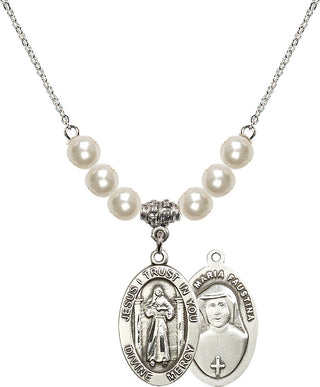 18" Rhodium Plated Necklace with 6mm Faux-Pearl Beads featuring a Sterling Silver Divine Mercy Medal.