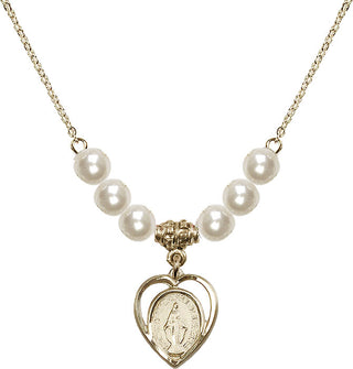 18" Hamilton Gold Plated Necklace with 6mm Faux-Pearl Beads featuring a 14kt Gold Filled Miraculous Medal.