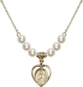 18" Hamilton Gold Plated Necklace with 6mm Faux-Pearl Beads featuring a 14kt Gold Filled Saint Jude Medal.