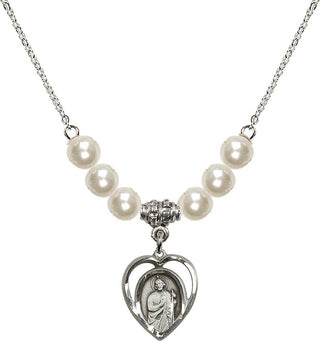18" Rhodium Plated Necklace with 6mm Faux-Pearl Beads featuring a Sterling Silver Saint Jude Medal.