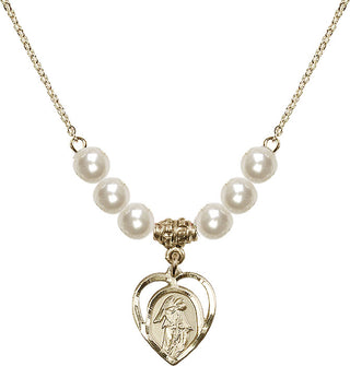 18" Hamilton Gold Plated Necklace with 6mm Faux-Pearl Beads featuring a 14kt Gold Filled Guardian Angel Medal.