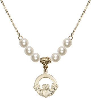 18" Hamilton Gold Plated Necklace with 6mm Faux-Pearl Beads featuring a 14kt Gold Filled Claddagh Medal.
