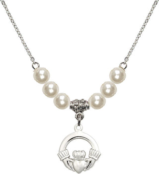 18" Rhodium Plated Necklace with 6mm Faux-Pearl Beads featuring a Sterling Silver Claddagh Medal.