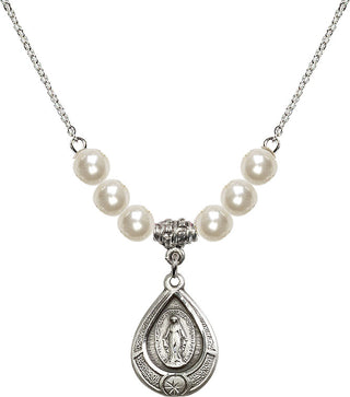 18" Rhodium Plated Necklace with 6mm Faux-Pearl Beads featuring a Sterling Silver Miraculous Medal.