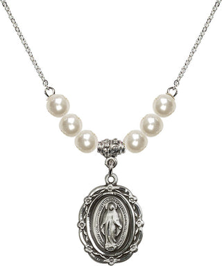 18" Rhodium Plated Necklace with 6mm Faux-Pearl Beads featuring a Sterling Silver Miraculous Medal.