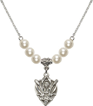 18" Rhodium Plated Necklace with 6mm Faux-Pearl Beads featuring a Sterling Silver Communion Medal.