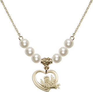 18" Hamilton Gold Plated Necklace with 6mm Faux-Pearl Beads featuring a 14kt Gold Filled Heart / Guardian Angel Medal.