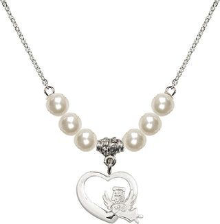 18" Rhodium Plated Necklace with 6mm Faux-Pearl Beads featuring a Sterling Silver Heart / Guardian Angel Medal.