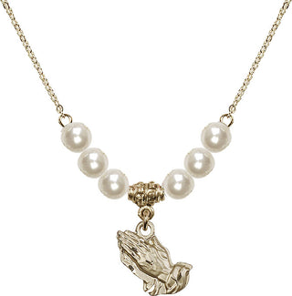 18" Hamilton Gold Plated Necklace with 6mm Faux-Pearl Beads featuring a 14kt Gold Filled Praying Hands Medal.