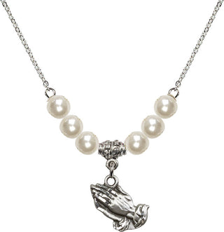 18" Rhodium Plated Necklace with 6mm Faux-Pearl Beads featuring a Sterling Silver Praying Hands Medal.