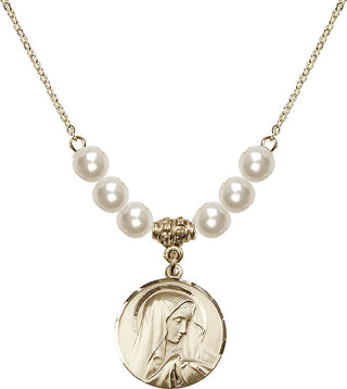 18" Hamilton Gold Plated Necklace with 6mm Faux-Pearl Beads featuring a 14kt Gold Filled Sorrowful Mother Medal.