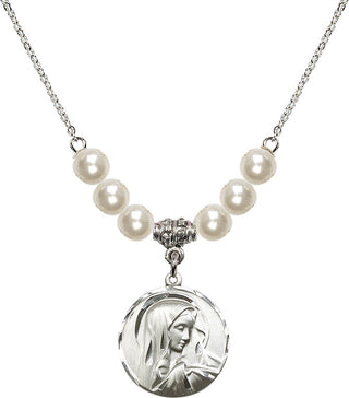 18" Rhodium Plated Necklace with 6mm Faux-Pearl Beads featuring a Sterling Silver Sorrowful Mother Medal.