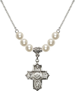 18" Rhodium Plated Necklace with 6mm Faux-Pearl Beads featuring a Sterling Silver 5-Way Medal.