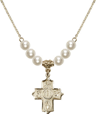 18" Hamilton Gold Plated Necklace with 6mm Faux-Pearl Beads featuring a 14kt Gold Filled 4-Way Medal.