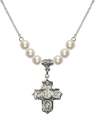 18" Rhodium Plated Necklace with 6mm Faux-Pearl Beads featuring a Sterling Silver 4-Way Medal.