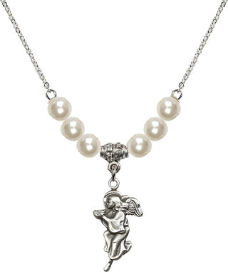 18" Rhodium Plated Necklace with 6mm Faux-Pearl Beads featuring a Sterling Silver Guardian Angel Medal.