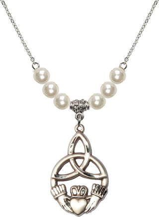 18" Rhodium Plated Necklace with 6mm Faux-Pearl Beads featuring a Sterling Silver Irish Knot / Claddagh Medal.