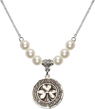 18" Rhodium Plated Necklace with 6mm Faux-Pearl Beads featuring a Sterling Silver Shamrock with Celtic Border Medal.