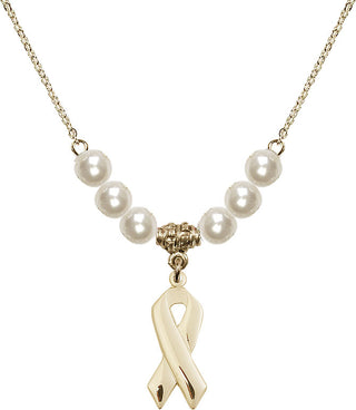 18" Hamilton Gold Plated Necklace with 6mm Faux-Pearl Beads featuring a 14kt Gold Filled Cancer Awareness Medal.