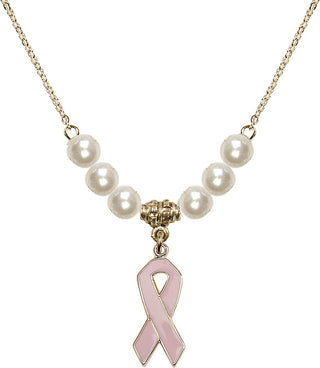 18" Hamilton Gold Plated Necklace with 6mm Faux-Pearl Beads featuring a 14kt Gold Filled Cancer Awareness Medal.