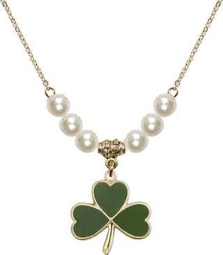 18" Hamilton Gold Plated Necklace with 6mm Faux-Pearl Beads featuring a 14kt Gold Filled Shamrock Medal.