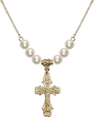 18" Hamilton Gold Plated Necklace with 6mm Faux-Pearl Beads featuring a 14kt Gold Filled Crucifix Medal.