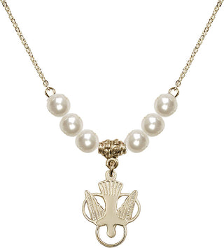 18" Hamilton Gold Plated Necklace with 6mm Faux-Pearl Beads featuring a 14kt Gold Filled Holy Spirit Medal.