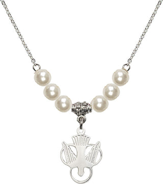 18" Rhodium Plated Necklace with 6mm Faux-Pearl Beads featuring a Sterling Silver Holy Spirit Medal.