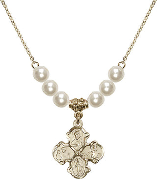 18" Hamilton Gold Plated Necklace with 6mm Faux-Pearl Beads featuring a 14kt Gold Filled 4-Way Medal.