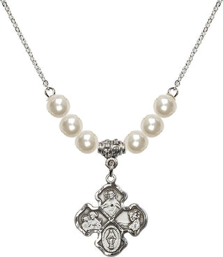 18" Rhodium Plated Necklace with 6mm Faux-Pearl Beads featuring a Sterling Silver 4-Way Medal.