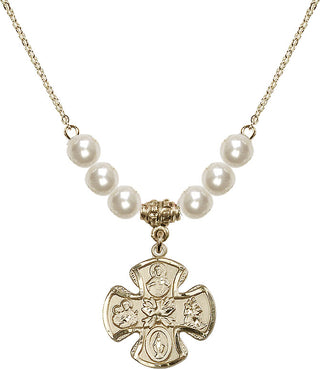 18" Hamilton Gold Plated Necklace with 6mm Faux-Pearl Beads featuring a 14kt Gold Filled 5-Way Medal.