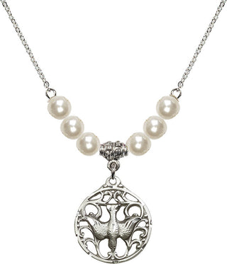 18" Rhodium Plated Necklace with 6mm Faux-Pearl Beads featuring a Sterling Silver Holy Spirit Medal.