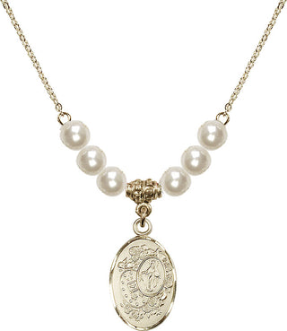 18" Hamilton Gold Plated Necklace with 6mm Faux-Pearl Beads featuring a 14kt Gold Filled Miraculous Medal.