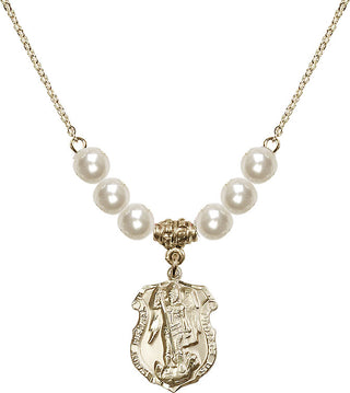 18" Hamilton Gold Plated Necklace with 6mm Faux-Pearl Beads featuring a 14kt Gold Filled Saint Michael the Archangel Medal. Engraved Catholic Saint Jewelry