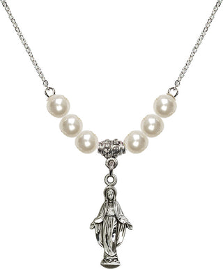 18" Rhodium Plated Necklace with 6mm Faux-Pearl Beads featuring a Sterling Silver Miraculous Medal.