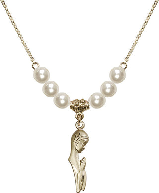 18" Hamilton Gold Plated Necklace with 6mm Faux-Pearl Beads featuring a 14kt Gold Filled Madonna Medal.