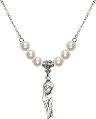 18" Rhodium Plated Necklace with 6mm Faux-Pearl Beads featuring a Sterling Silver Madonna Medal.
