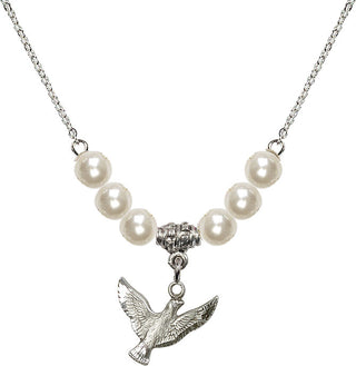 18" Rhodium Plated Necklace with 6mm Faux-Pearl Beads featuring a Sterling Silver Holy Spirit Medal.