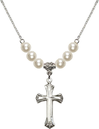 18" Rhodium Plated Necklace with 6mm Faux-Pearl Beads featuring a Sterling Silver Cross Medal. Engraved Catholic Saint Jewelry