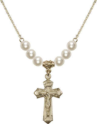 18" Hamilton Gold Plated Necklace with 6mm Faux-Pearl Beads featuring a 14kt Gold Filled Crucifix Medal.