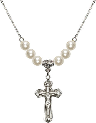 18" Rhodium Plated Necklace with 6mm Faux-Pearl Beads featuring a Sterling Silver Crucifix Medal.