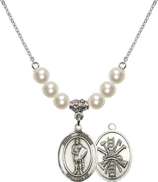 18" Rhodium Plated Necklace with 6mm Faux-Pearl Beads featuring a Sterling Silver Saint Florian/Firefighter Medal.