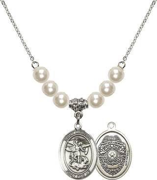 18" Rhodium Plated Necklace with 6mm Faux-Pearl Beads featuring a Sterling Silver Saint Michael the Archangel Medal.