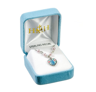 4mm Pink Finest Austrian Crystal Pearl Pendant | Sterling Silver Enameled Heart Miraculous Medal 18-inch Chain