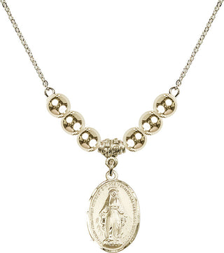 18" Hamilton Gold Plated Necklace with 6mm 14kt Gold Filled Beads featuring a 14kt Gold Filled Miraculous Medal.