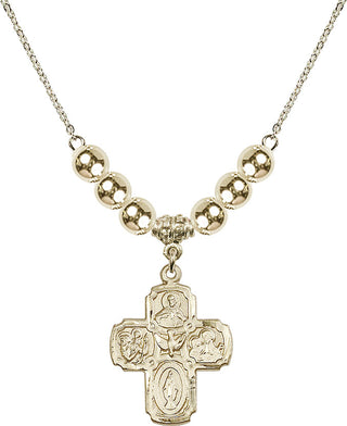 18" Hamilton Gold Plated Necklace with 6mm 14kt Gold Filled Beads featuring a 14kt Gold Filled 5-Way Medal.